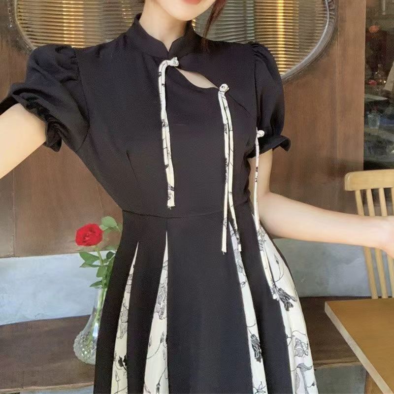 Summer large size new Chinese retro improved cheongsam skirt fat mm black and white contrasting colors gentle national style temperament dress