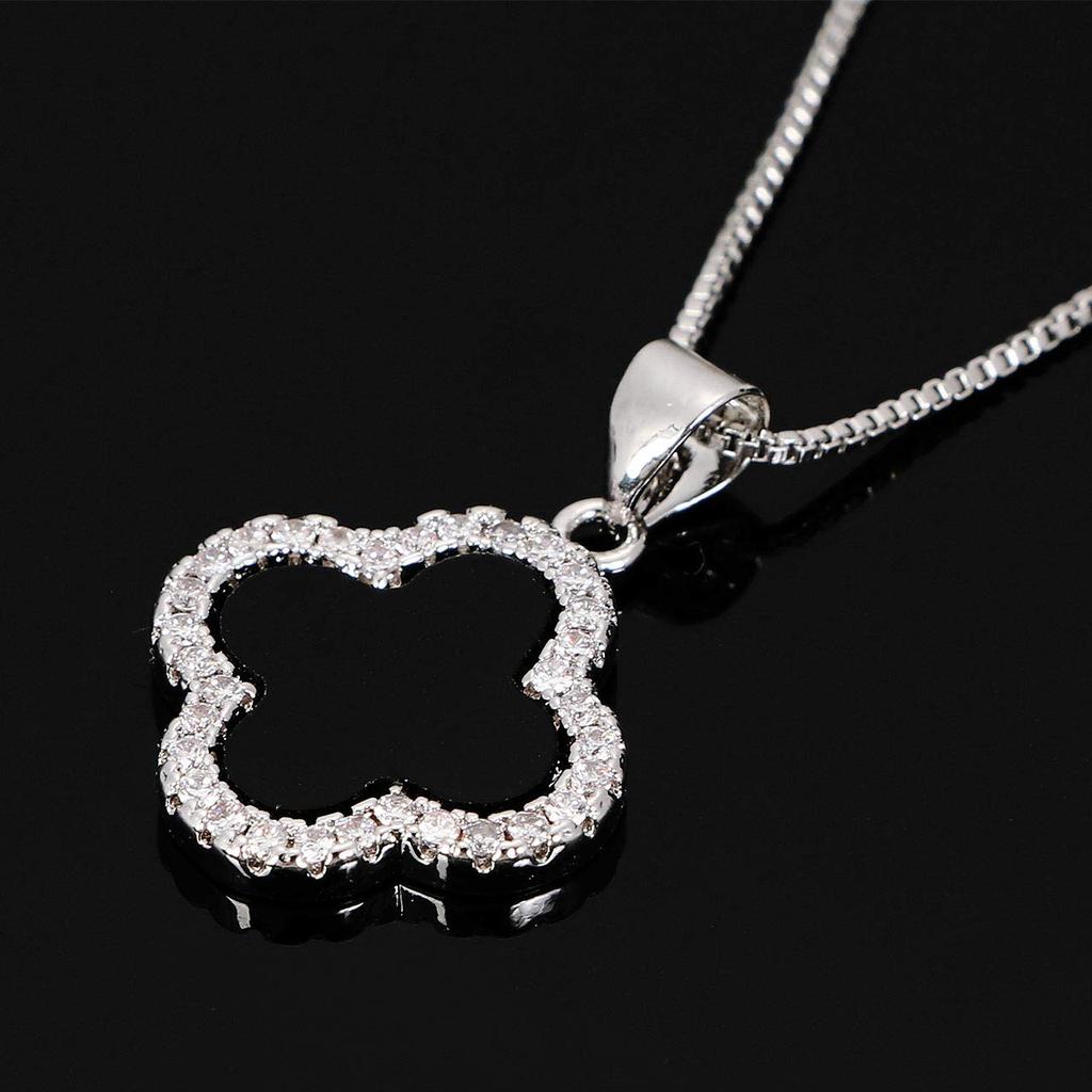 [ZIYMU] Four-Leaf Clover Pendant Necklace, Lucky Charm, Sterling Silver 925, Onyx, Women's, 40cm, zm-b-024s