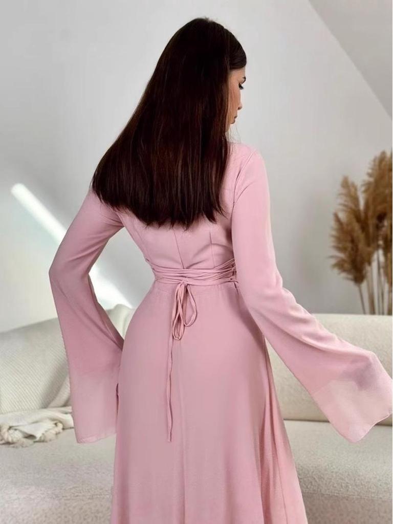 European & American Solid Color Long-Sleeved Slimming Dress for Spring/Autumn