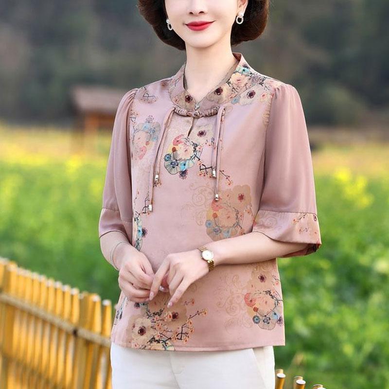 Stand Collar Loose Blouse Summer Vintage Floral Printed Women Folk Chinese Disc Buckle Half Sleeve Shirt
