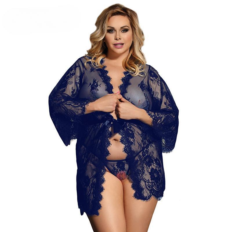 Women's Pajamas Plus Size Erotic Pajamas Belted Sexy Lace Pajamas See Through Cardigan Pajamas