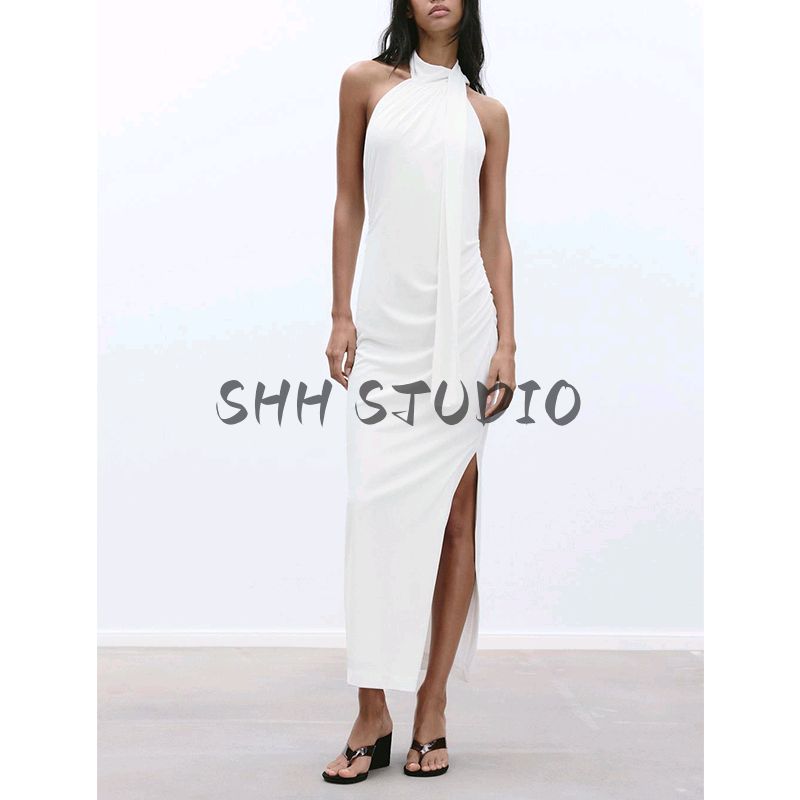 Spring New Women's Clothing Fashion Wind Hanging Collar Bowknot Decoration Open Back Midi Skirt Dress 2180374