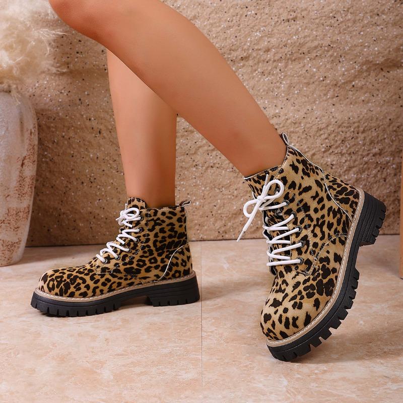 Bottes Martin à Imprimé Léopard Large Largeur pour Femmes, Bottines à Plateforme Color Block, Bottines Confort à Semelle Épaisse Tendance