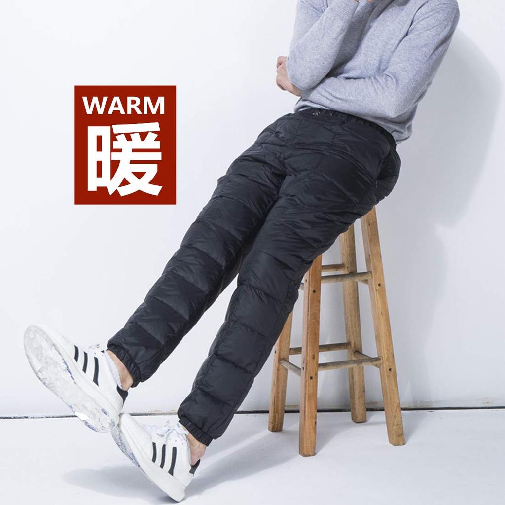 SYOKYO Men's Ultra-Lightweight Down Pants, Long, Warm, Jogger Pants for Hiking and Outdoor Activities (L, Black)