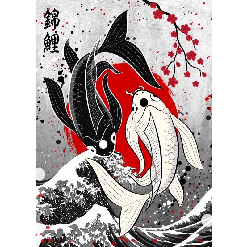 Japanische Schwarze Samurai Geisha Koi Karpfen Krieger Figuren Sonnenuntergang Kunst Malerei Wand Leinwand Poster und Drucke Wohnzimmer Heimdeko