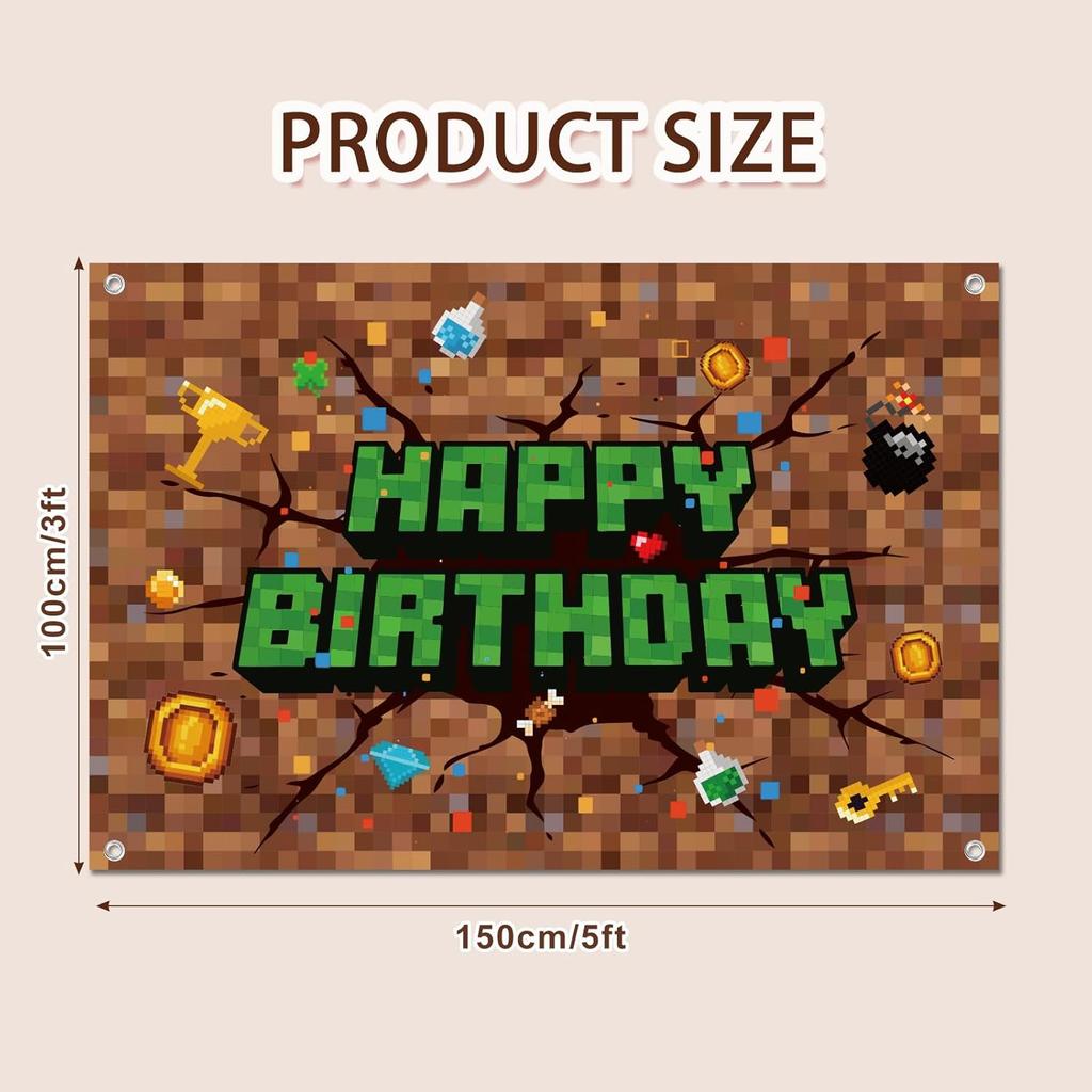 Pixel Birthday Decorations, 5x3 ft Happy Birthday Banner Backdrop for Miner TNT & Pixel Themed Celebration Kids Boys Game Party Supplies