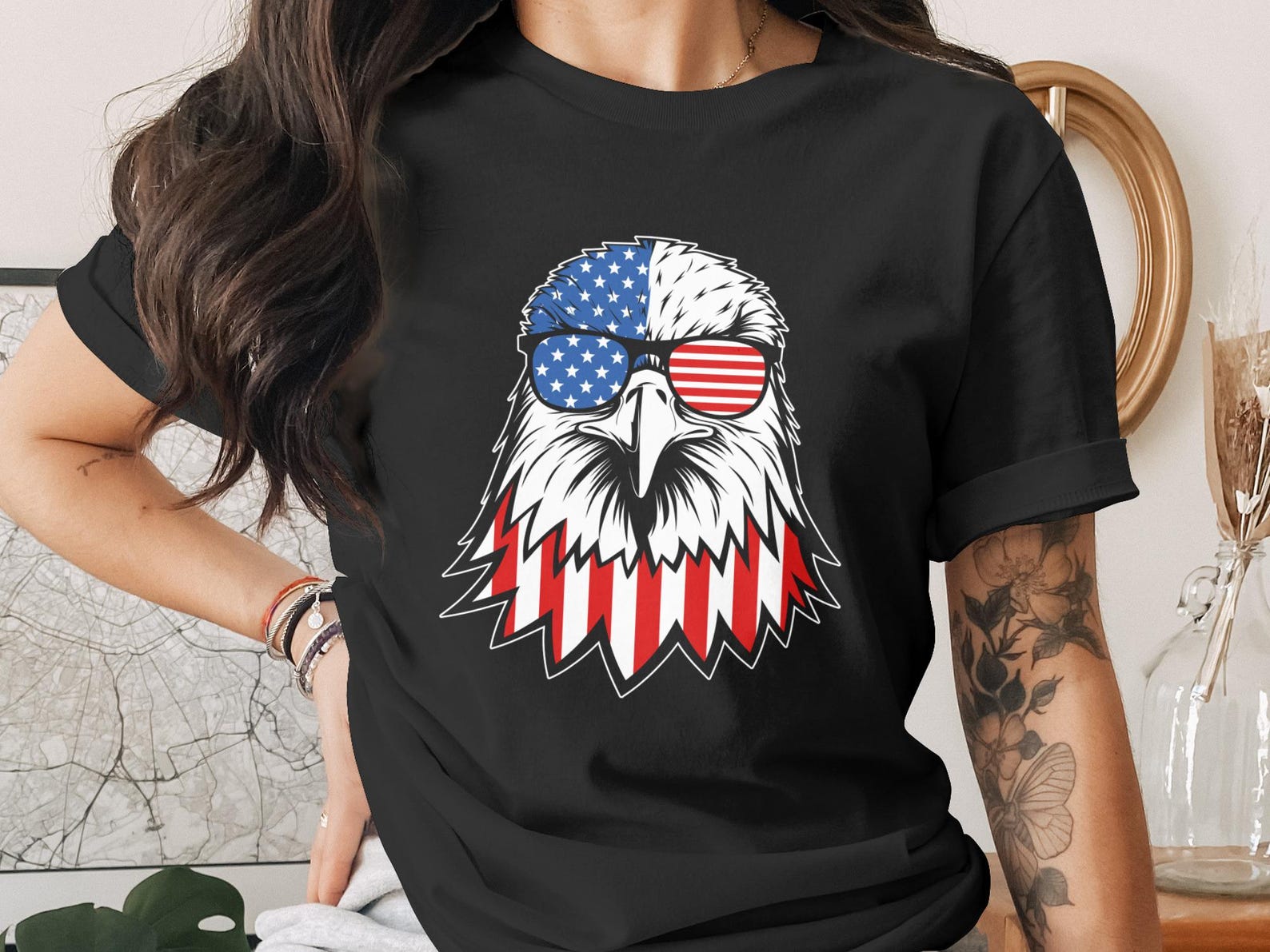 Patriotic American Eagle T-Shirt, USA Flag Sunglasses Bald Eagle Tee, 4th of July Shirt, Independence Day Gift L