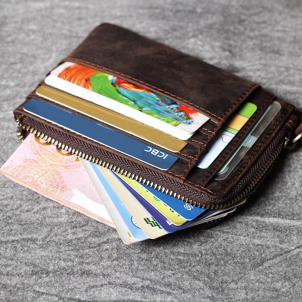 Wielokieszeniowy Portfel Męski Retro Kawa Ręcznie Robiony Skóra Crazy Horse Designerski Zapinany na Zamek Kieszonki na Monety i Karty Kredytowe Małe Saszetki