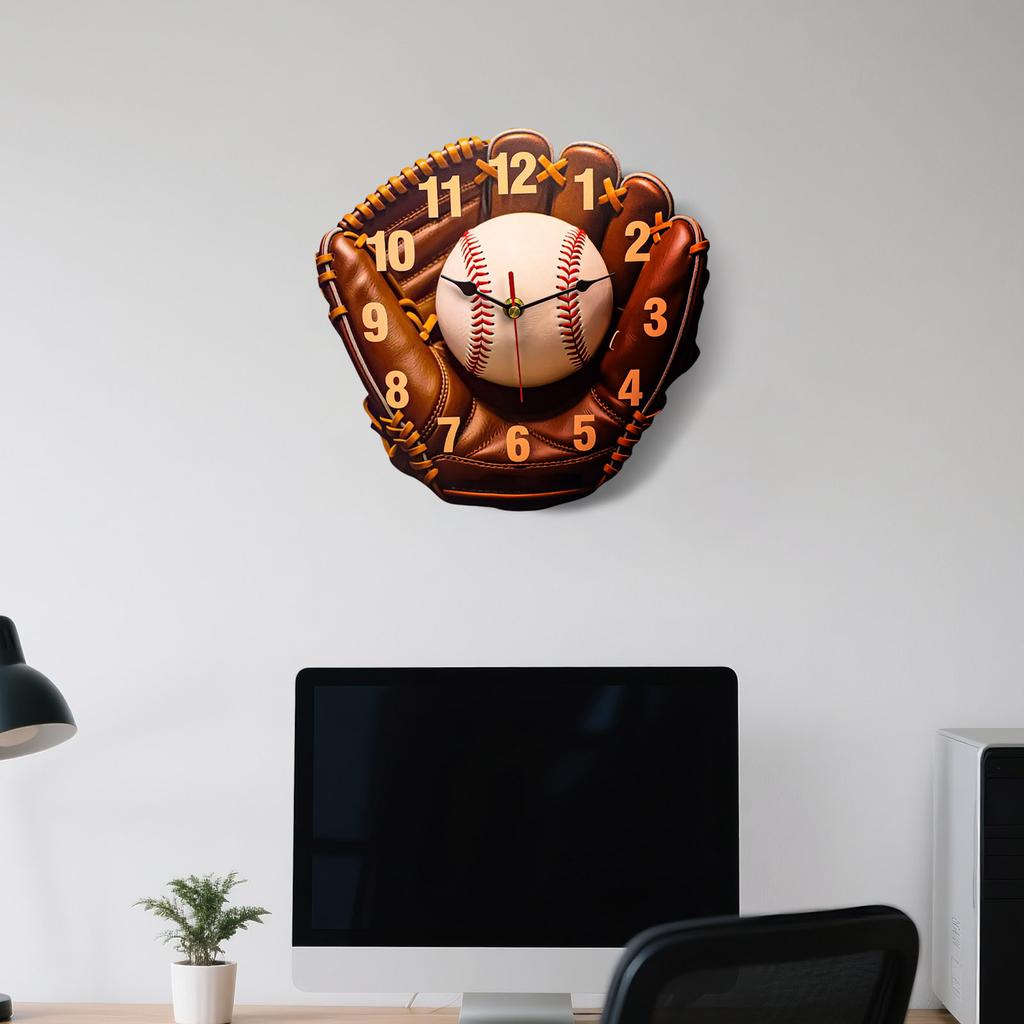 Baseball Glove Wall Clock, Wood Printing, Silent Hands, Uses AA Batteries (Not Included), Brown Leather Design, Living Room, Bedroom, Decor