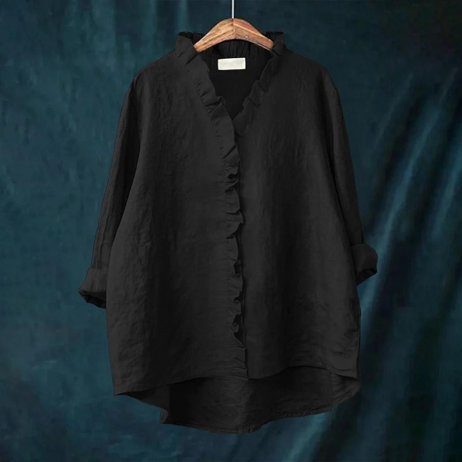 

Женский свободный топ с оборками, однотонный, со стойкой, с длинными рукавами, из хлопка и льна XXL чёрный