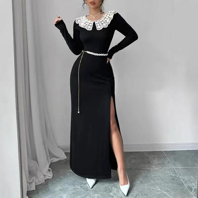Women's Temperament Long Sleeve Lace Splicing Slimming Side Slit Dresses