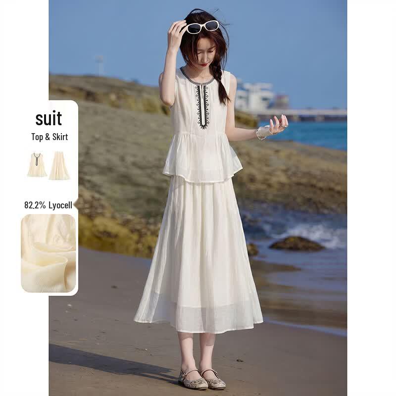 Lyocell Embroidered Vest and A-Line Skirt Set