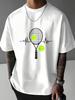 Men Black Cotton Tee Tennis Racket Heartbeat Pulse Print Crew Neck Short Sleeve Summer Sports C