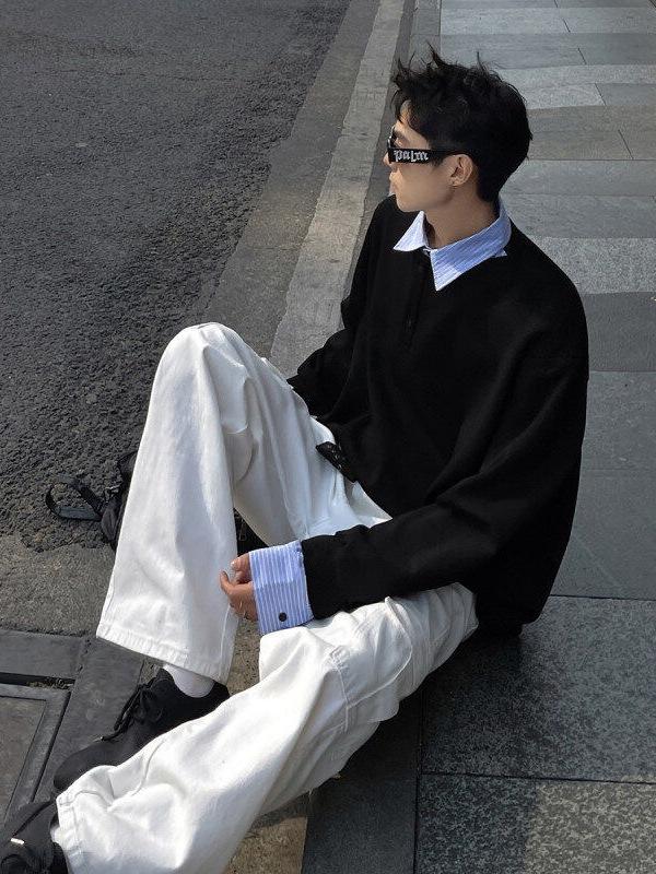 Men's Spring/Autumn Color Block Hoodie with Shirt Collar - Long Sleeve Patchwork Polo Jacket