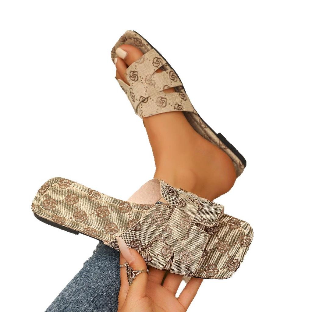 Large size slippers women's outer wear round head printing light word women's slippers womens slippers