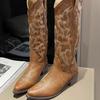 2025 European and American Summer New Pointed Middle Heel Retro V-mouth Western Boots Sleeve Long Thick Heel Embroidered Fashion Boots