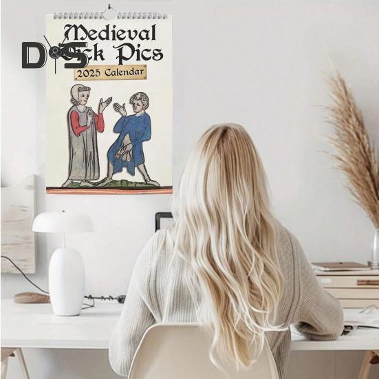 Medieval Dick Pics Calendar 2025 Prank Středověký Dick Nástěnný kalendář Legrační penis Rude kalendář s ilustracemi pro milovníky historie přátelé