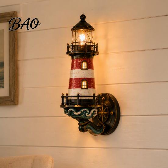 Atmosfærisk gangvegglampe Kystfyrtårnlampe, Sconce i harpiks med maritimt tema, Retro middelhavsstil Dekorativ Kreativ B&B-dekorasjon