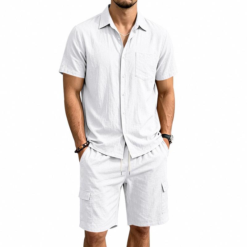 Men's Summer Linen Lapel Casual Shirt & Shorts Set: Breathable Cotton Two-Piece Workwear