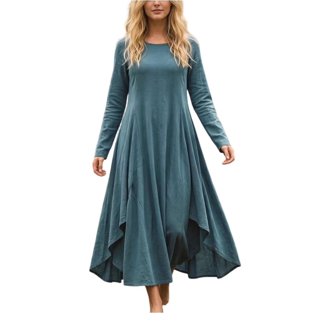 Women's Fashion Color R-neck Long Sleeve Dress