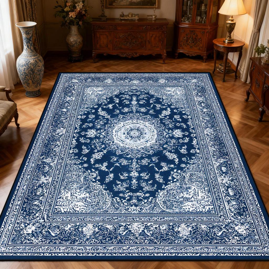 New Classical Carpet Decoration Bedroom Bedside Washable Short Velvet Rug Outdoor Balcony Foldable Soft Floor Mat Blue White