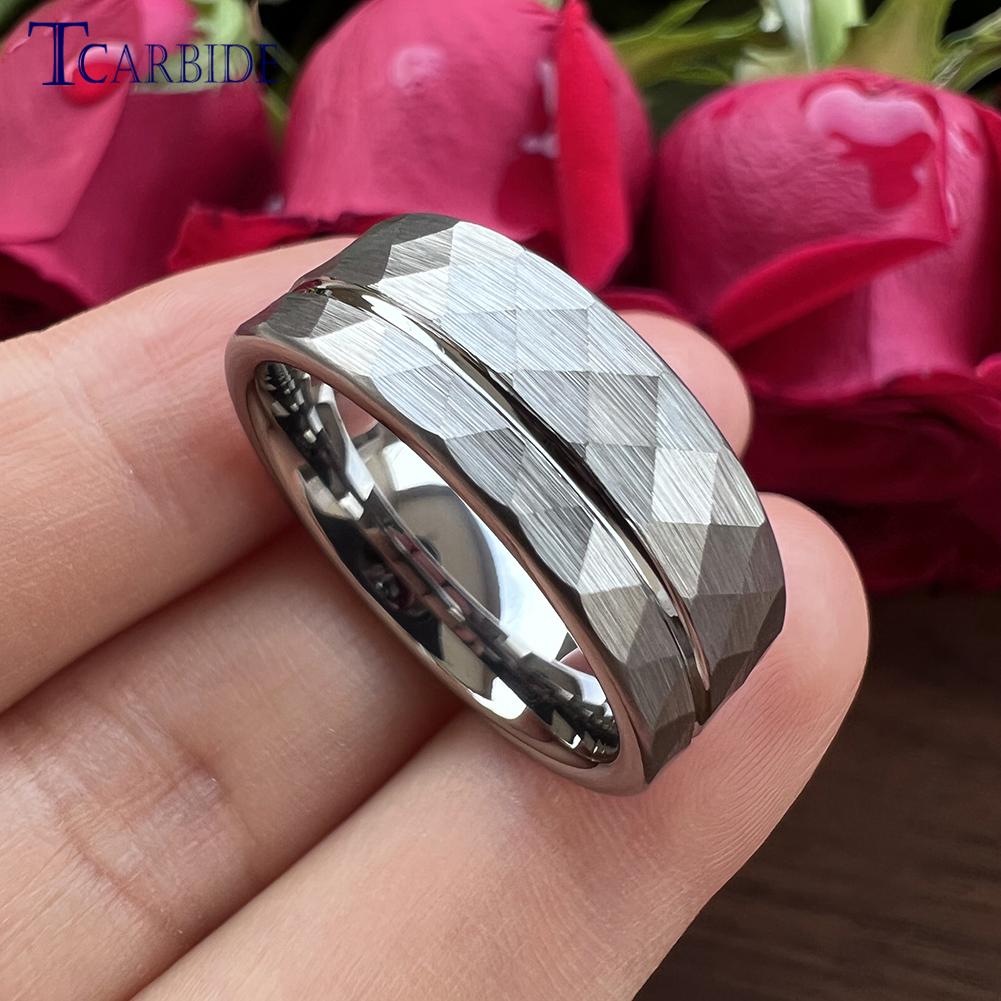 8MM Hammer Wedding Band For Men Women Multi-Faceted Brushed Offset Grooved Finish Nice Gift Jewelry Comfort Fit