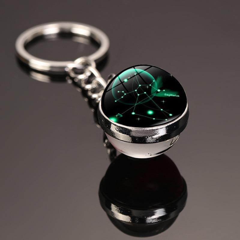 New Starry Sky Twelve Constellations Keychain Time Gemstone Double Sided Glass Ball Metal Keyring Bag Decoration Metal Keyholder