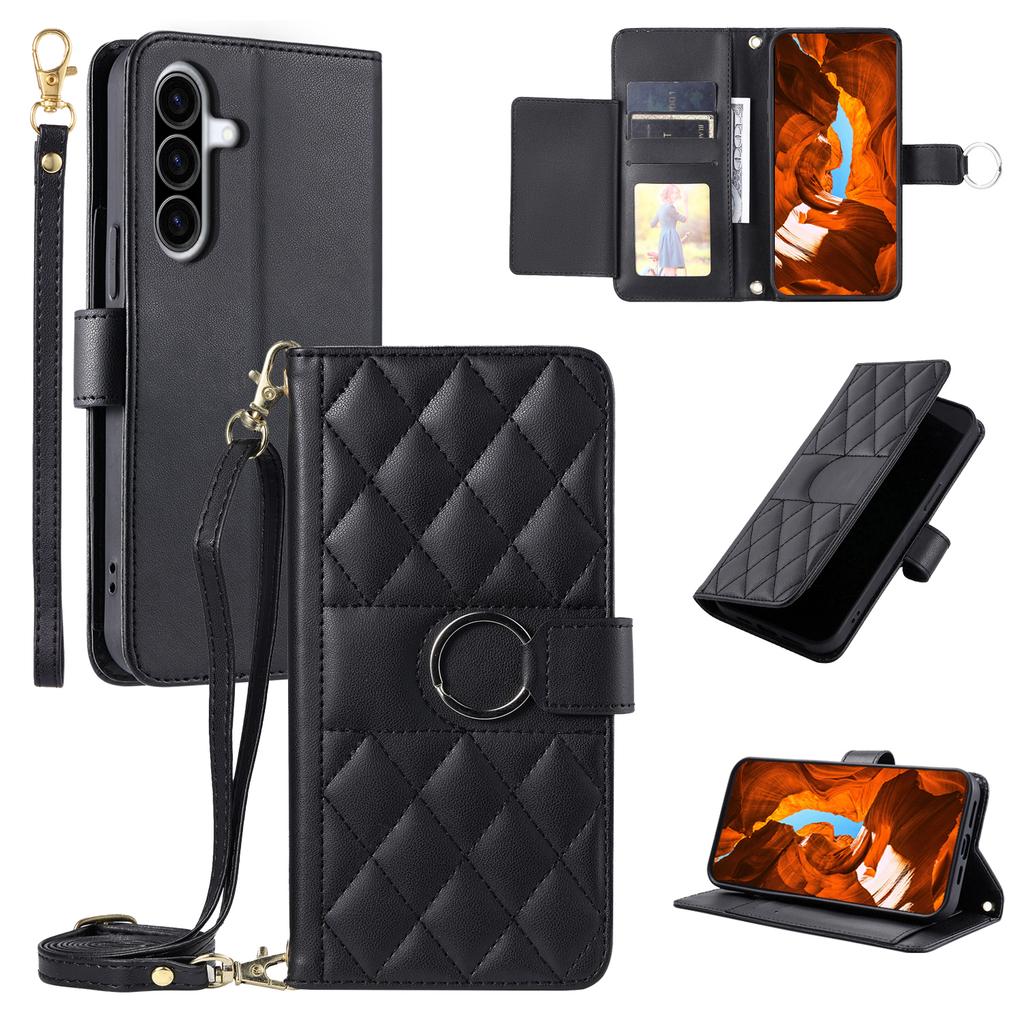 Für Samsung Galaxy A36 5G Crossbody Lederhülle Ring Schnalle Brieftasche Ständer Raute Handyhülle