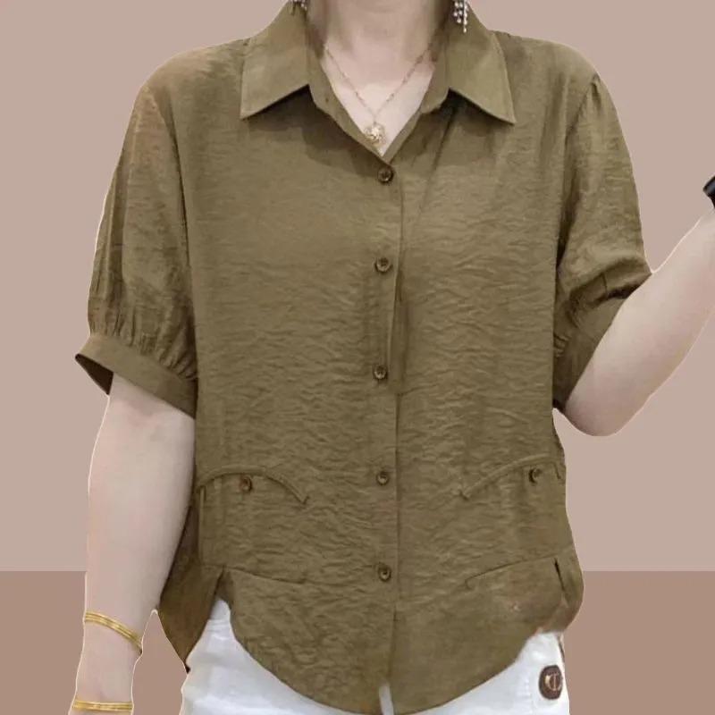 

High-end Shirts for Women Short-sleeved Tops Summer Women s New Versatile Design Button Half-sleeved Shirts 5XL коричневий