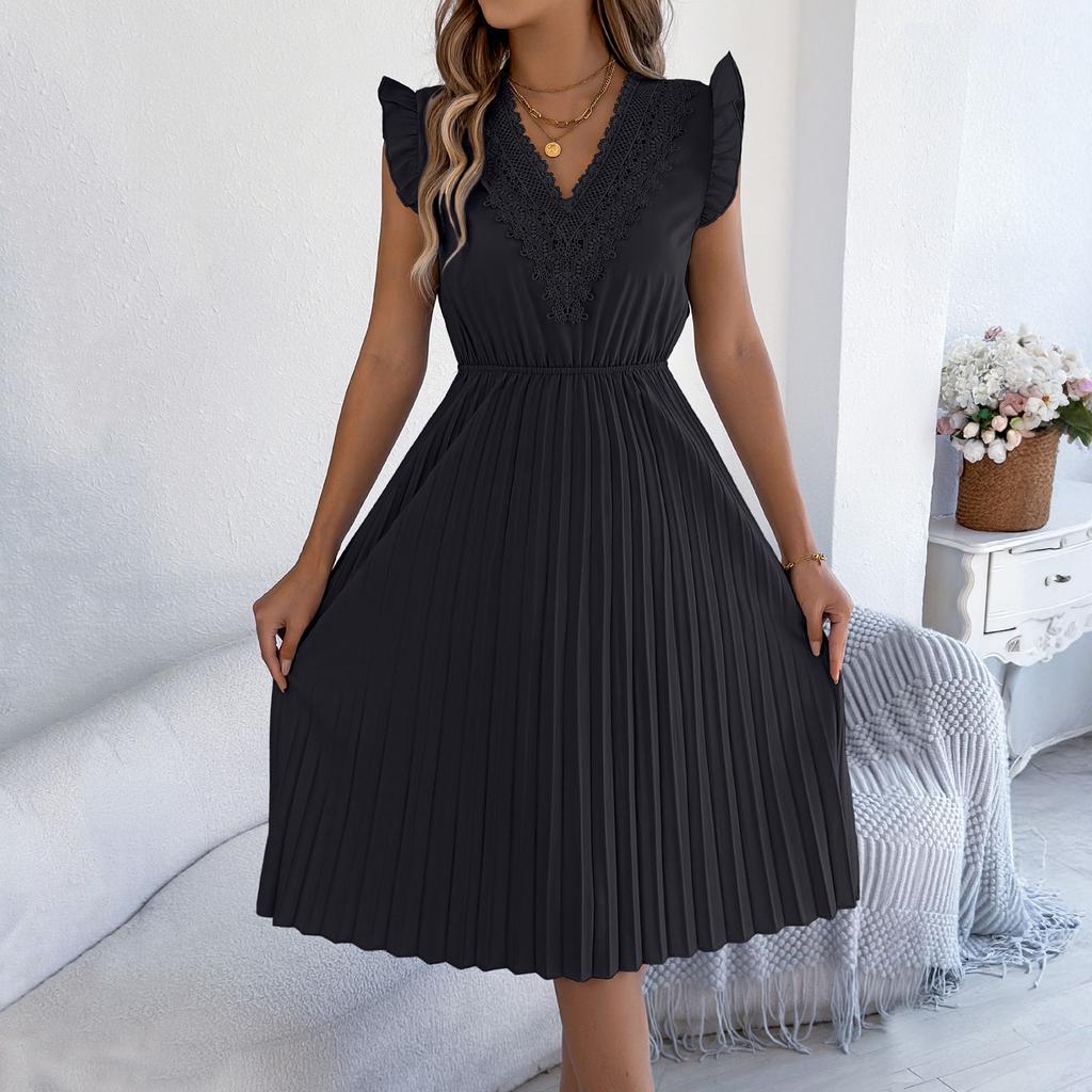 Modisches Lässiges Spitzen-V-Ausschnitt-Kleid mit Rüschen, Taillenbetonung und Falten