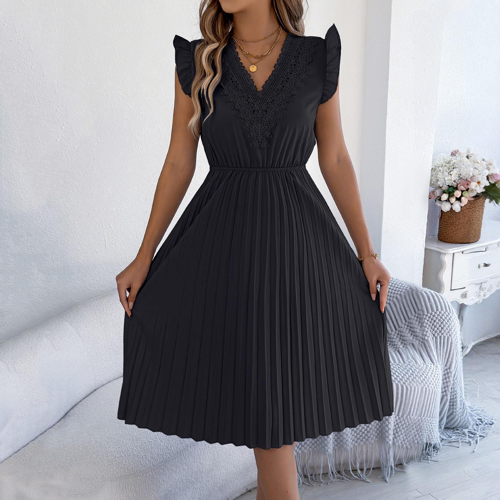 

Жіноча Модна Повсякденна мереживна сукня з V-подібним вирізом, з рюшами, приталена, плісирована XL чорний