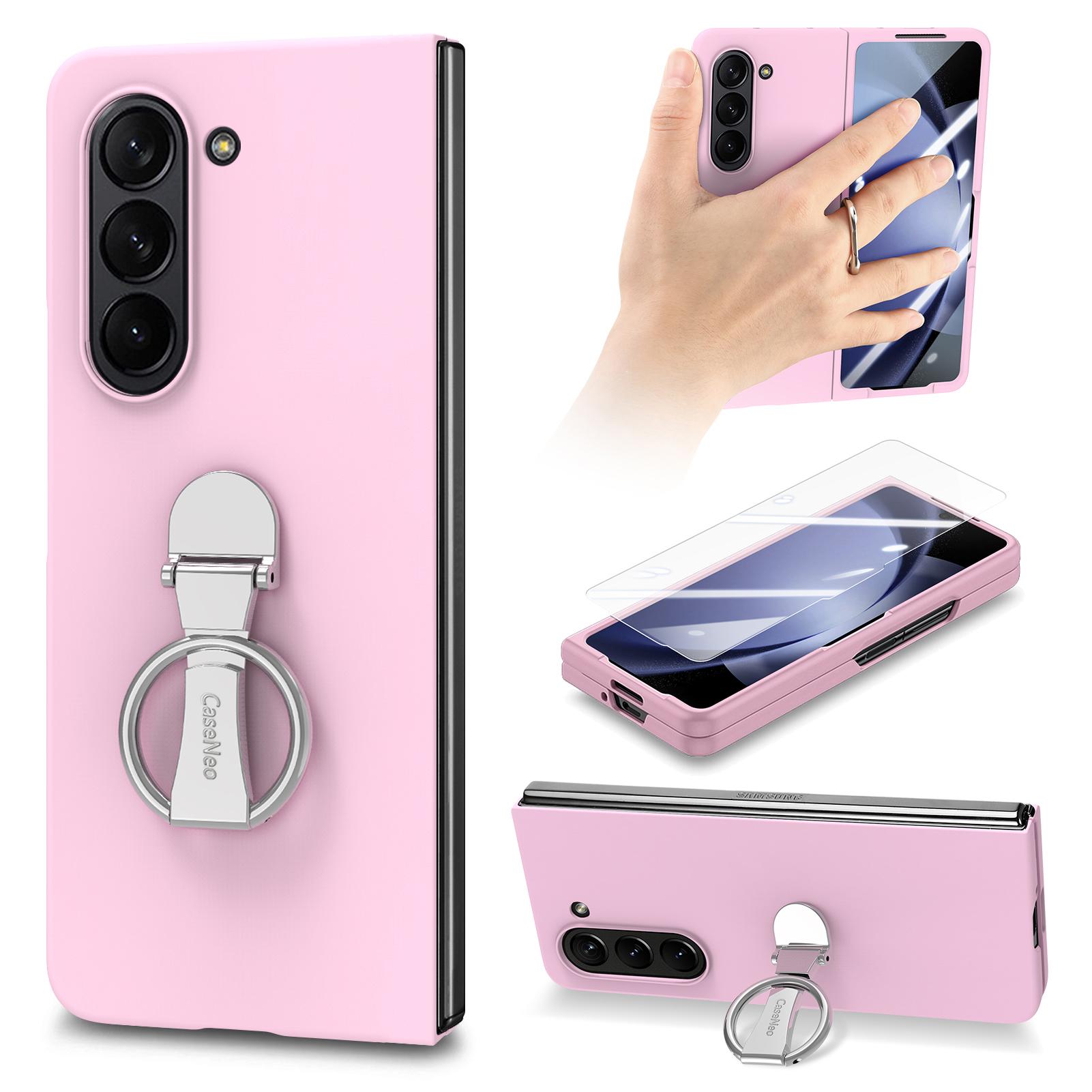 

For Samsung Galaxy Z Fold6 5G Case Ring Holder PC Phone Cover with Tempered Glass Film Pink
