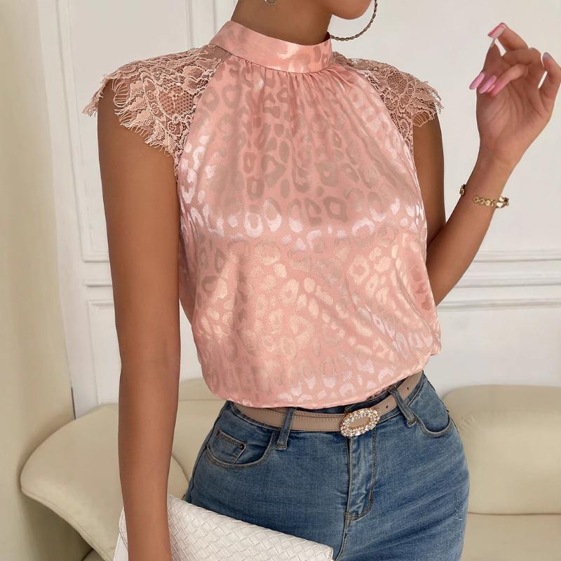 New Fashion Women's Summer Shirt Leopard Print Half Turtle Collar Shirt Lace Sleeve Pullover