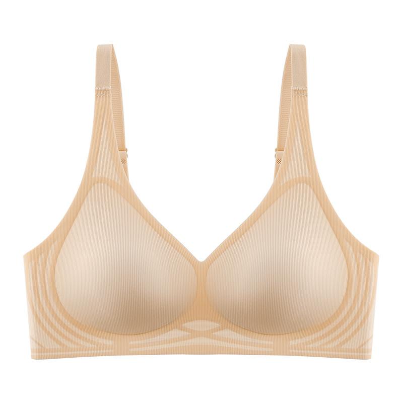 Black technology jelly strip soft support seamless underwear women s steel rim large chest small sleeping cover support bra M