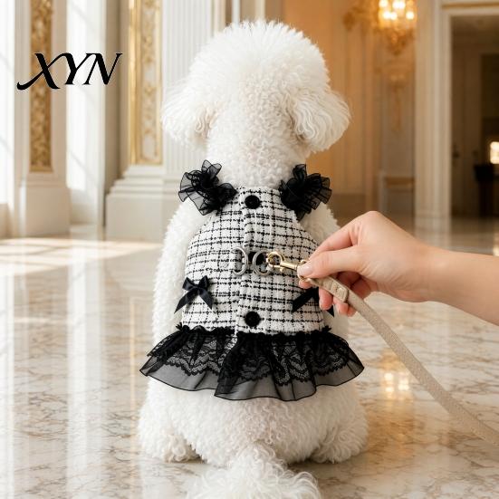 Spring Dog Clothing Sleeveless Tweed Dress, Ruffled Pet Dress with Lace Breathable Mesh Apparel Trim, Cute Summer Harness for Small Dogs Stylish