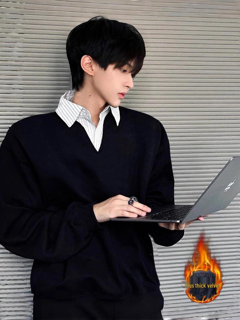 Men's Black Two-Piece Style Polo Hoodie with Velvet Collar - College Style, Long Sleeve, Autumn/Winter