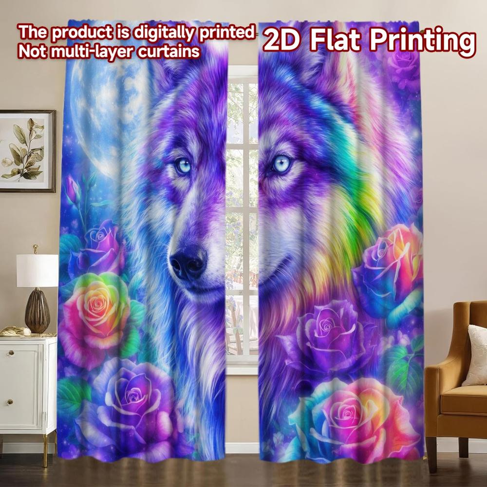 2D FLAT PRINTING 2pcs Curtains (Without Rod) Colorful Roses and Wolf Creative Chic Curtains Semi-Sheer Curtains Home Decor 60×150cm