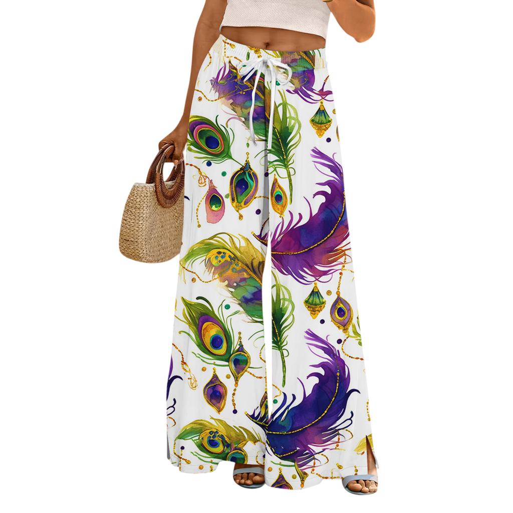 Damskie Luźne i Codzienne Spodnie z Szerokimi Nogawkami z Nadrukiem, z Elastycznym Pasem, Sznurkiem i Kieszeniami