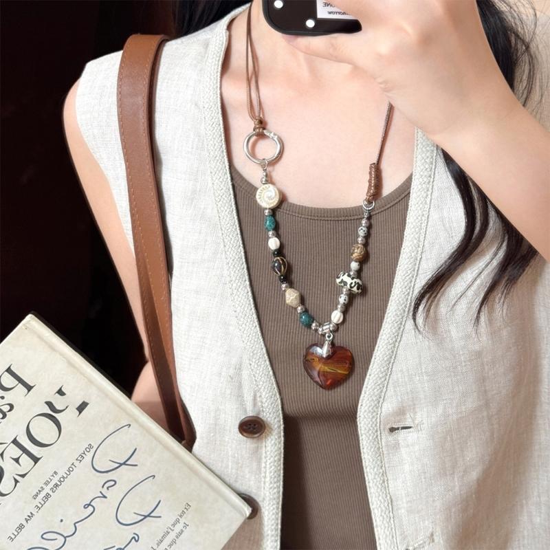 Stylish Beaded Chain Necklace Featuring Heart Charm Resin Alloy Design Neck Jewelry For Casual Formal Outfits