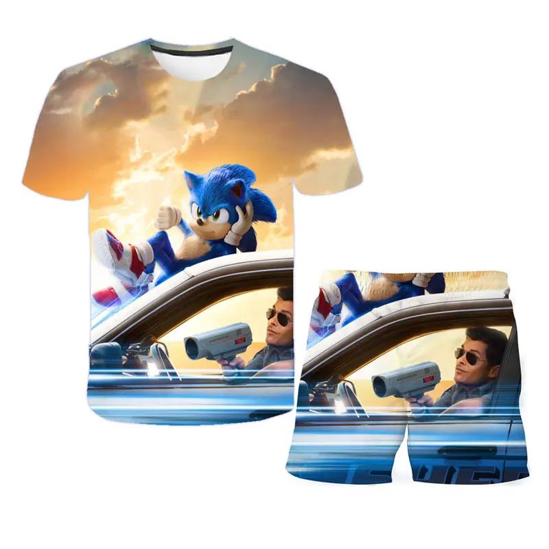2025 MINISO New boys and girls super sonic Tshirts+shorts  Harajuku Sonic print suit T-shirt + shorts fashion street style children's short sleeves