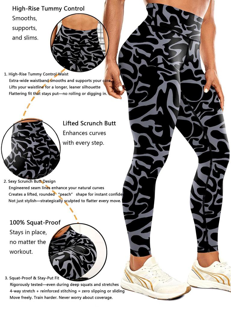 Damsportsbyxor med hög midja i kamouflagemönster - Träningsleggings med magkontroll
