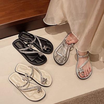 French-style Foreign Light Toe Ins Beach Sandals Versatile Outer Wear Bright Diamonds, Ultra-light Low Heels Go Out