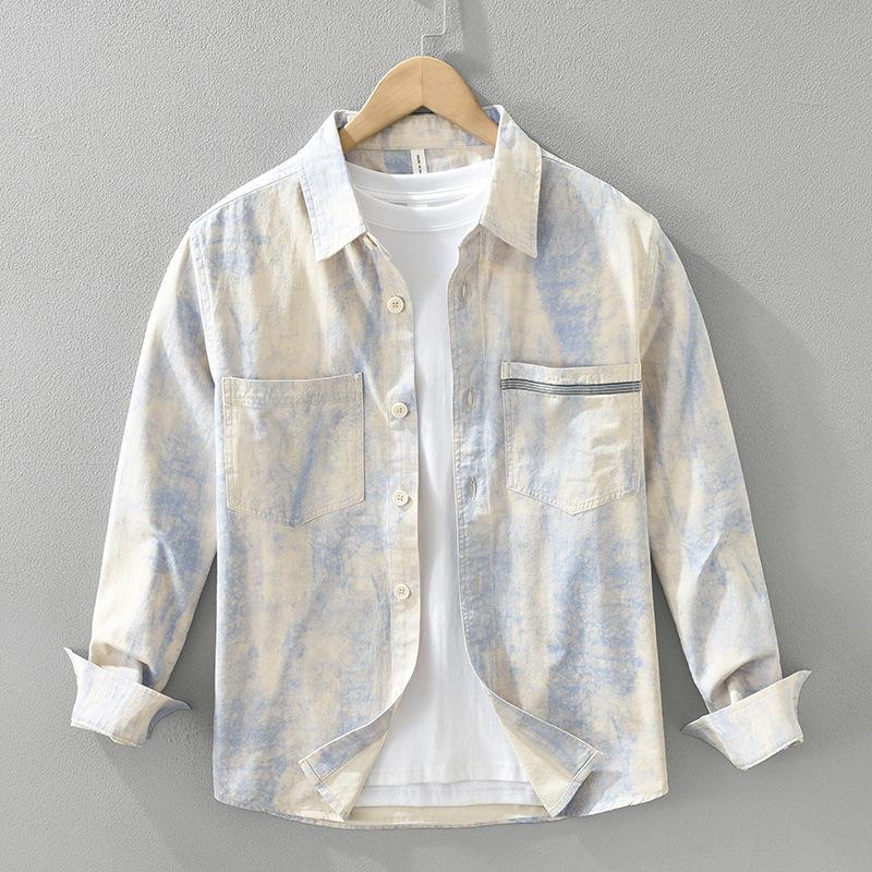 

Japanese Style Long Sleeve Printed Shirt Mens Casual Shirt Spring and Summer Youth Streetwear 2pockets 100 Cotton Men Tops M синий