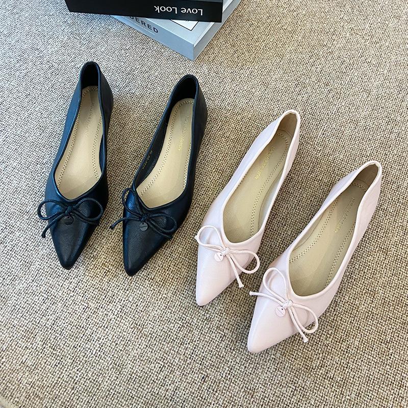 W828-80 French nude pointed single shoes women's 2025 new flat shoes versatile bow evening shoes women's shoes