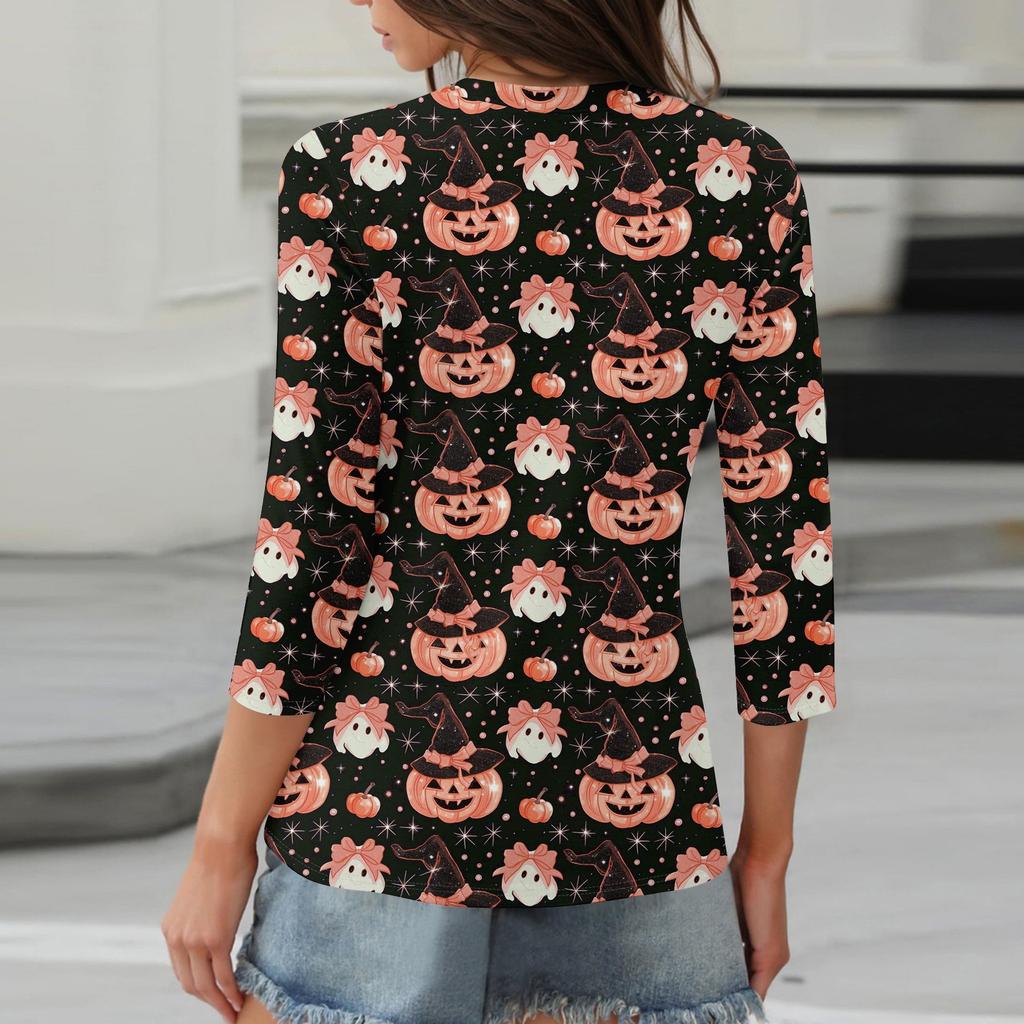 3/4 Ärmel Damen Tops Halloween Print Vintage Mode Lässig Locker Mit V-Ausschnitt Übergröße Shirts