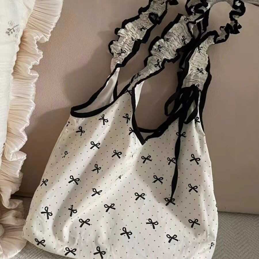 Niche Bow Polka Dot Canvas Bag Sweet Maiden Drawstring Pleated Tote Student Commuter Shoulder Bag