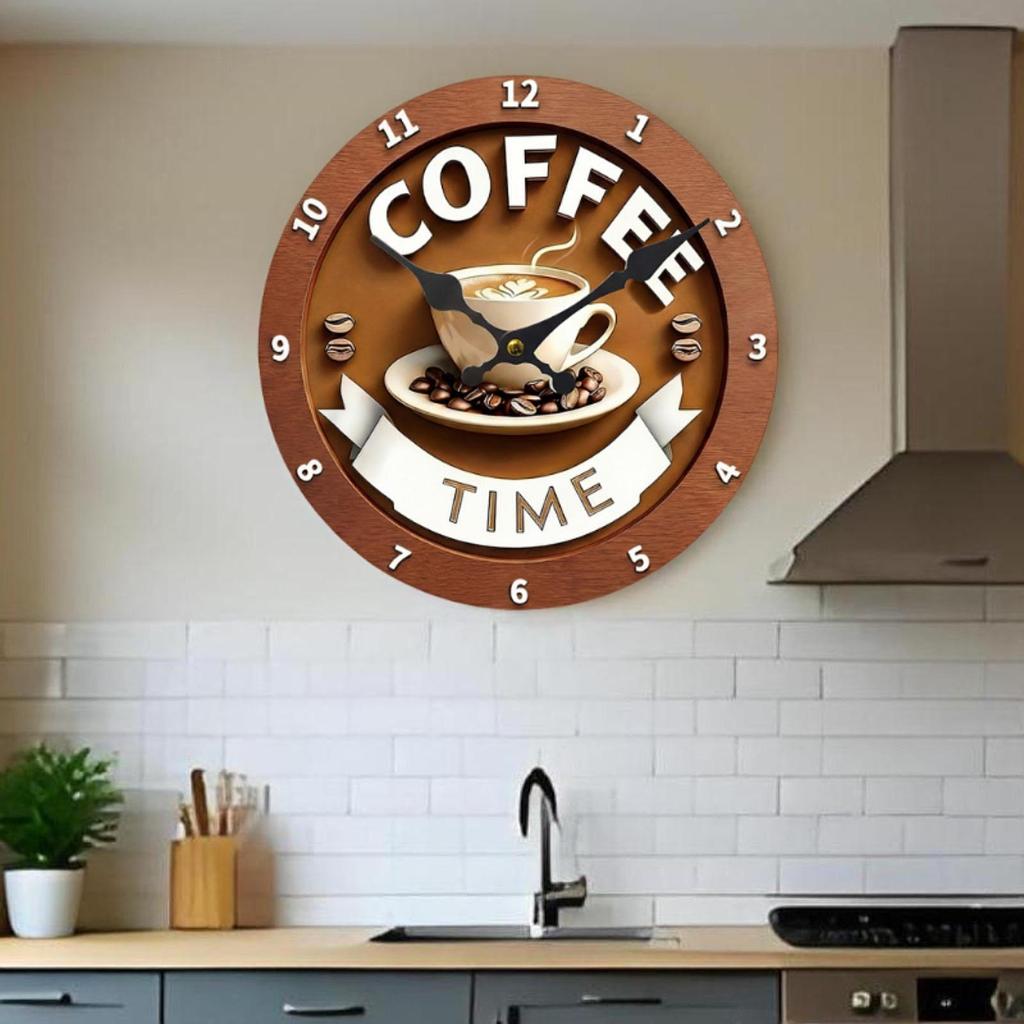 Coffee Pattern Wall Clock Decorative Round Creative Battery Operated Ornament Timepiece