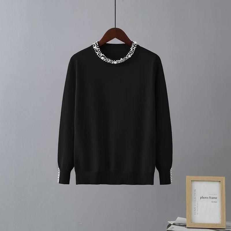 Spring and Autumn New Bead Crew Neck Knitted Sweater Slim-fit Versatile Bottom Sweater Top Women's