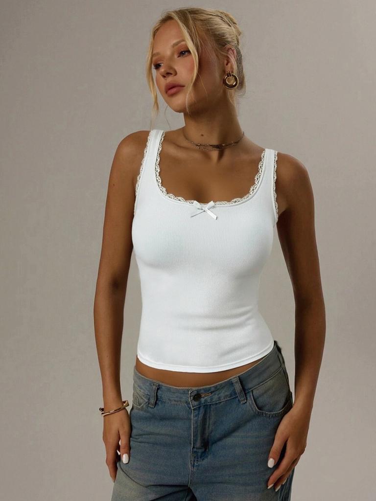 Lace Camis Women Solid Color V Neck Crop Tops Fashion Bow Tube Top Female Sleeveless Camisole