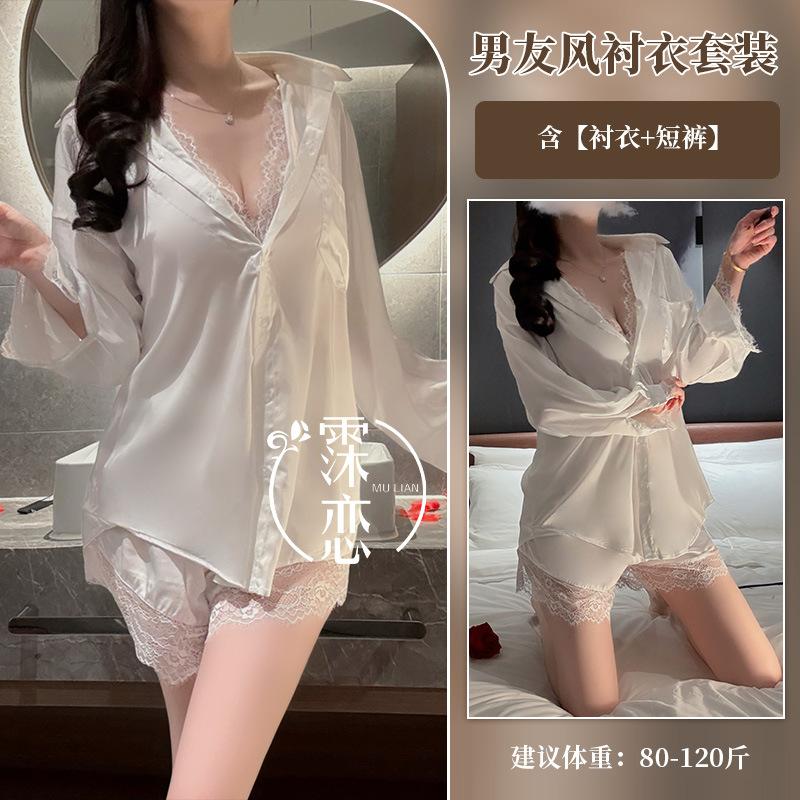 Sexy underwear Sexy women's pure desire simple shirt Lace splicing shorts Thin pajamas
